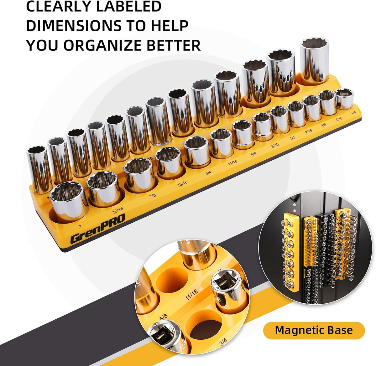 GRENPRO Magnetic Socket Organizer Set, 6PCS 1/4 3/8 1/2 SAE & Metric