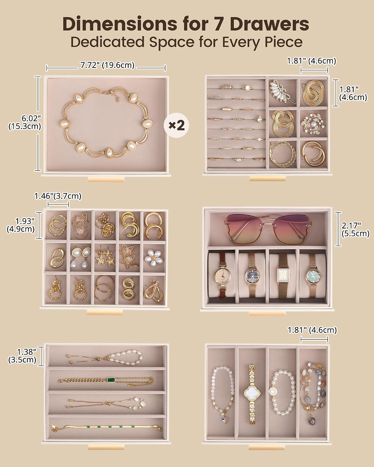 Lolalet Large Jewelry Box, 8-Layer Jewelry Organizer with 7 Drawers -Beige