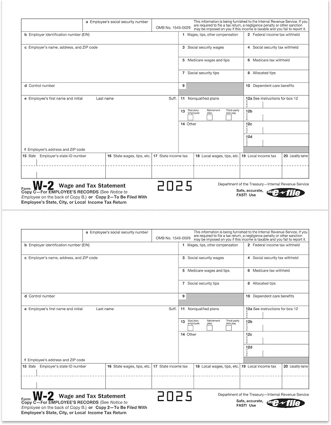 W2 Forms 2025, 6 Part Tax Forms, 25 Employee Kit of Laser Forms Designed - Image 4
