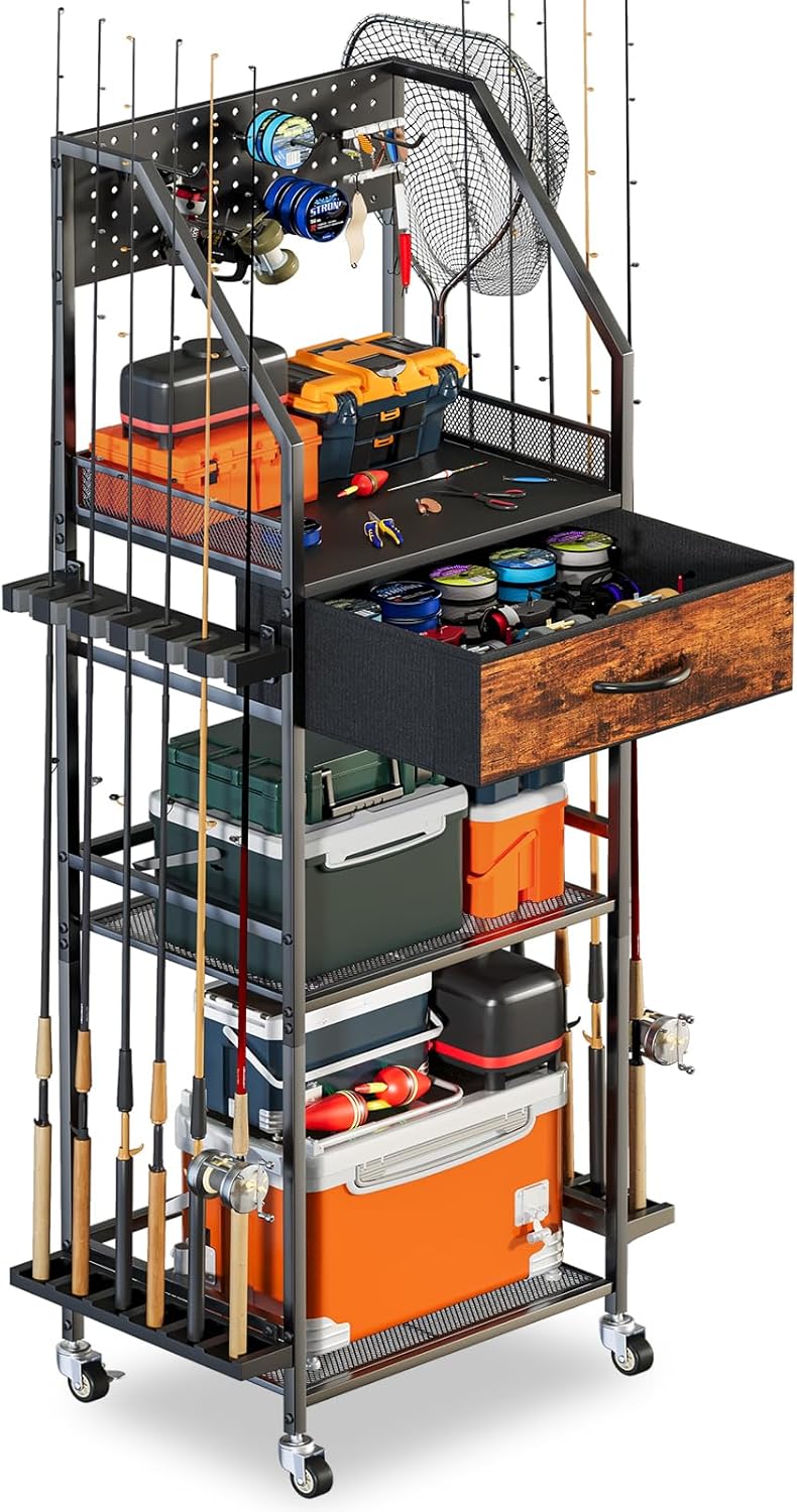 Fishing Rod Holder Organizer with Fabric Drawer & Pegboard