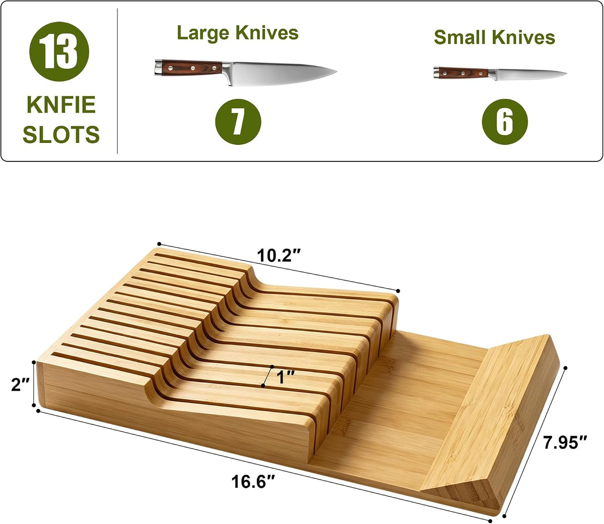 Bamboo Kitchen Drawer Knife Block, In drawer Knife Holder, Knife Drawer Organ...