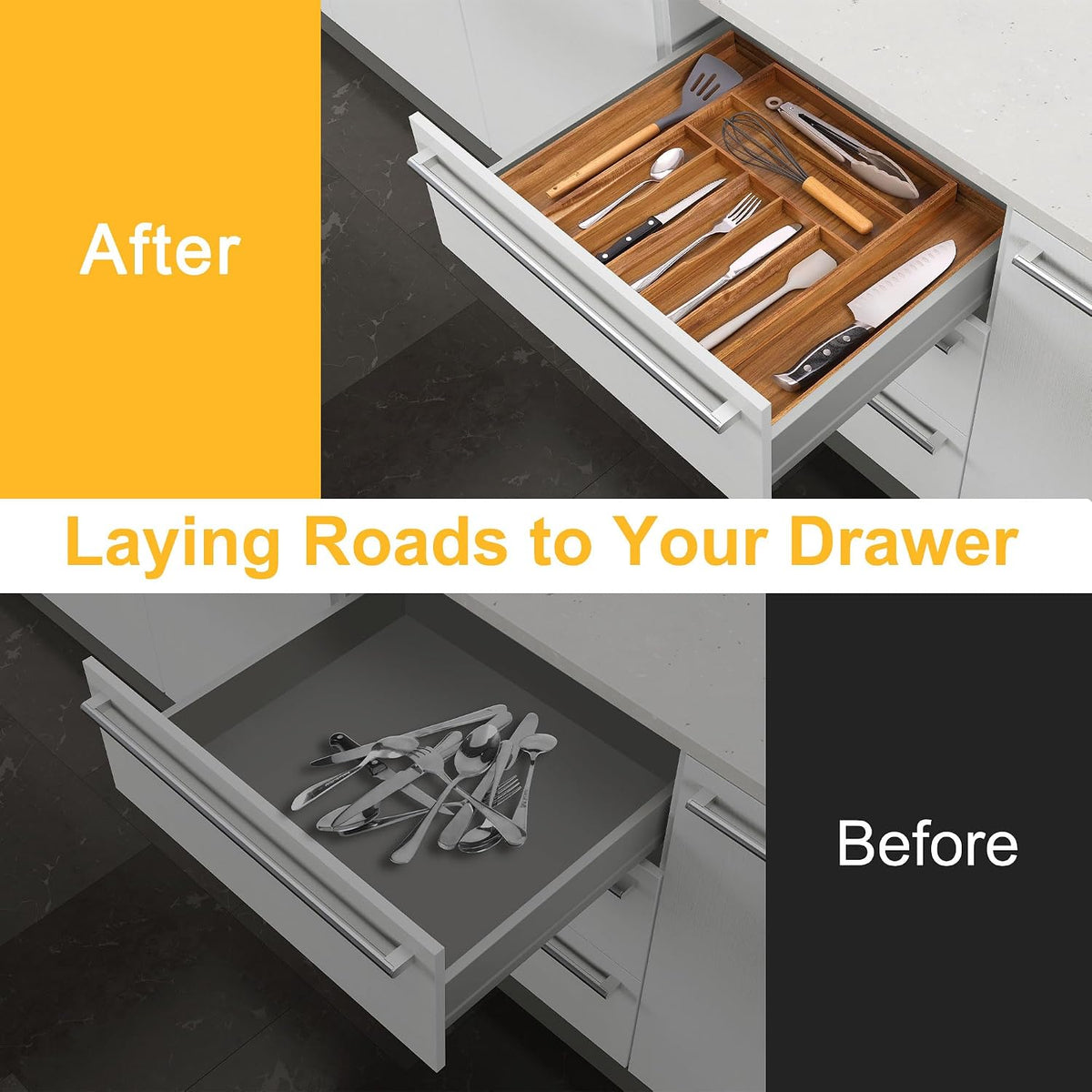 Large Premium Acacia Silverware Organizer - Expandable Drawer Organizer &...