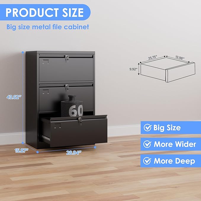 SUXXAN 3 Drawer File Cabinet, Lateral Filing Cabinet - Image 3
