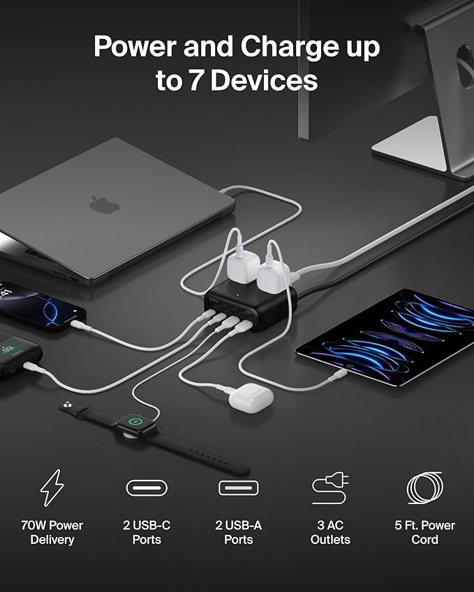 Belkin GaN Charging Station 70W, 7-in-1 Dual USB C Charger w/ 3X AC Outlets - Image 2