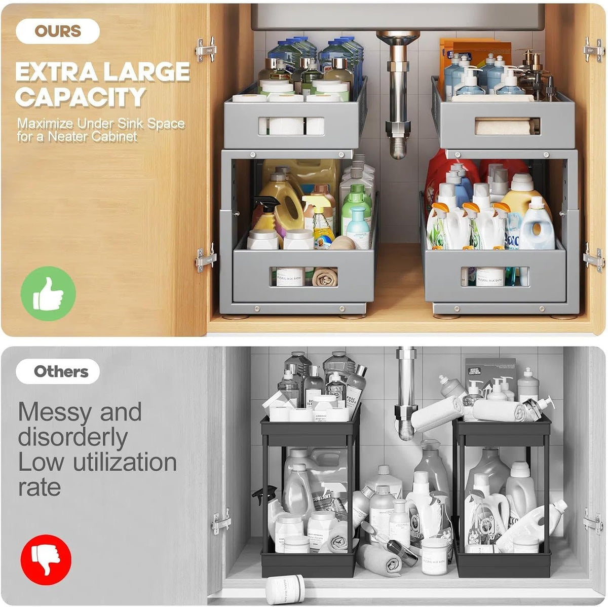 2 Packs 21IN Depth Under Sink Organizer, 2-Tier Pull Out Cabinet Organizer Wi...
