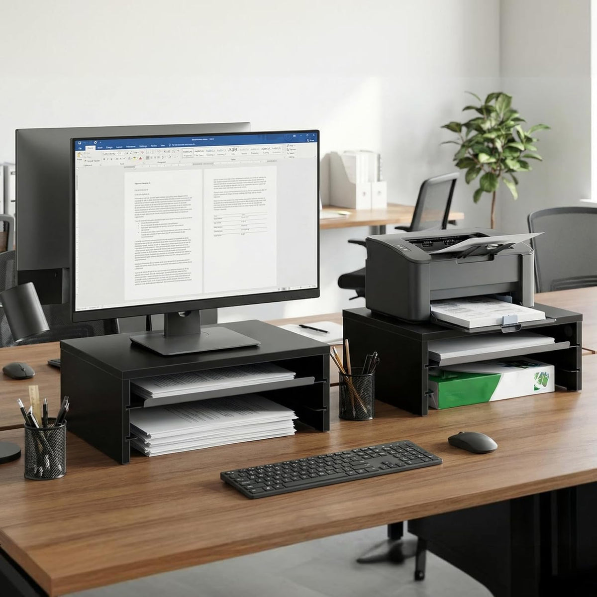Fenge 14.3-Inch Monitor Stand with Slide-Out Trays, Wood & Metal Desk Shelf