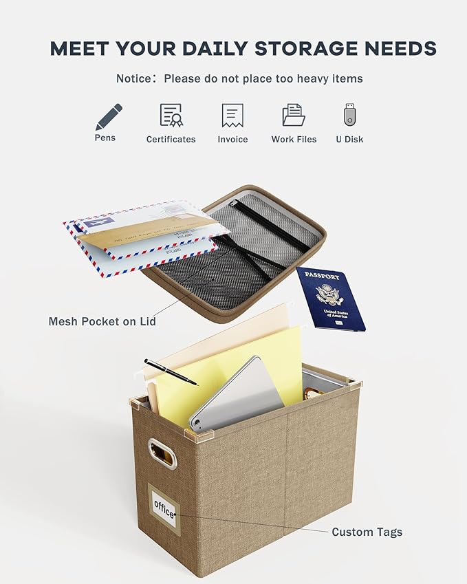 Oterri File Organizer Box with Lid, Hanging Filing File Box with Mesh Pocket - Image 4