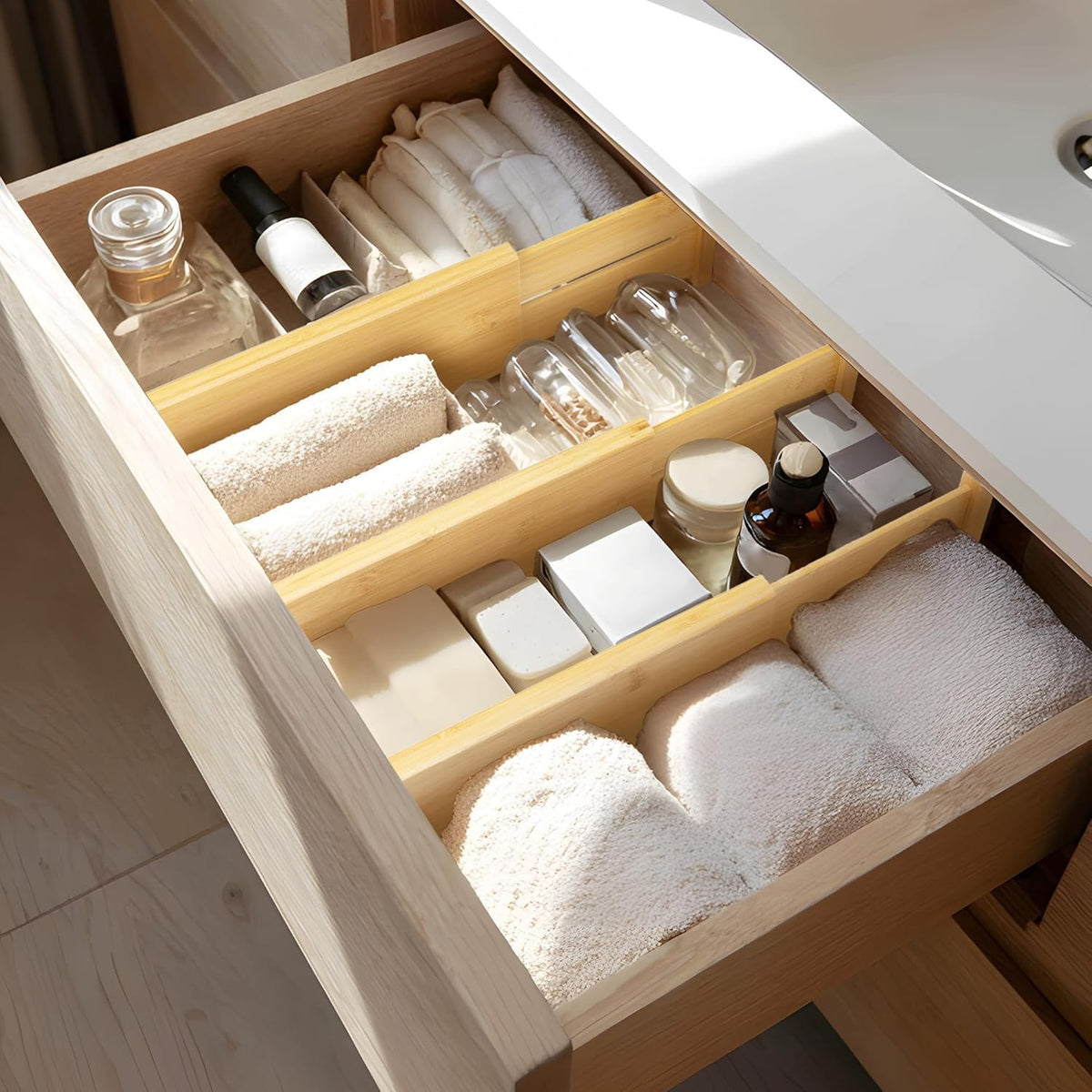 VaeFae 3 Pack Bamboo Drawer Dividers, 4" High Adjustable 16.6" - 21...