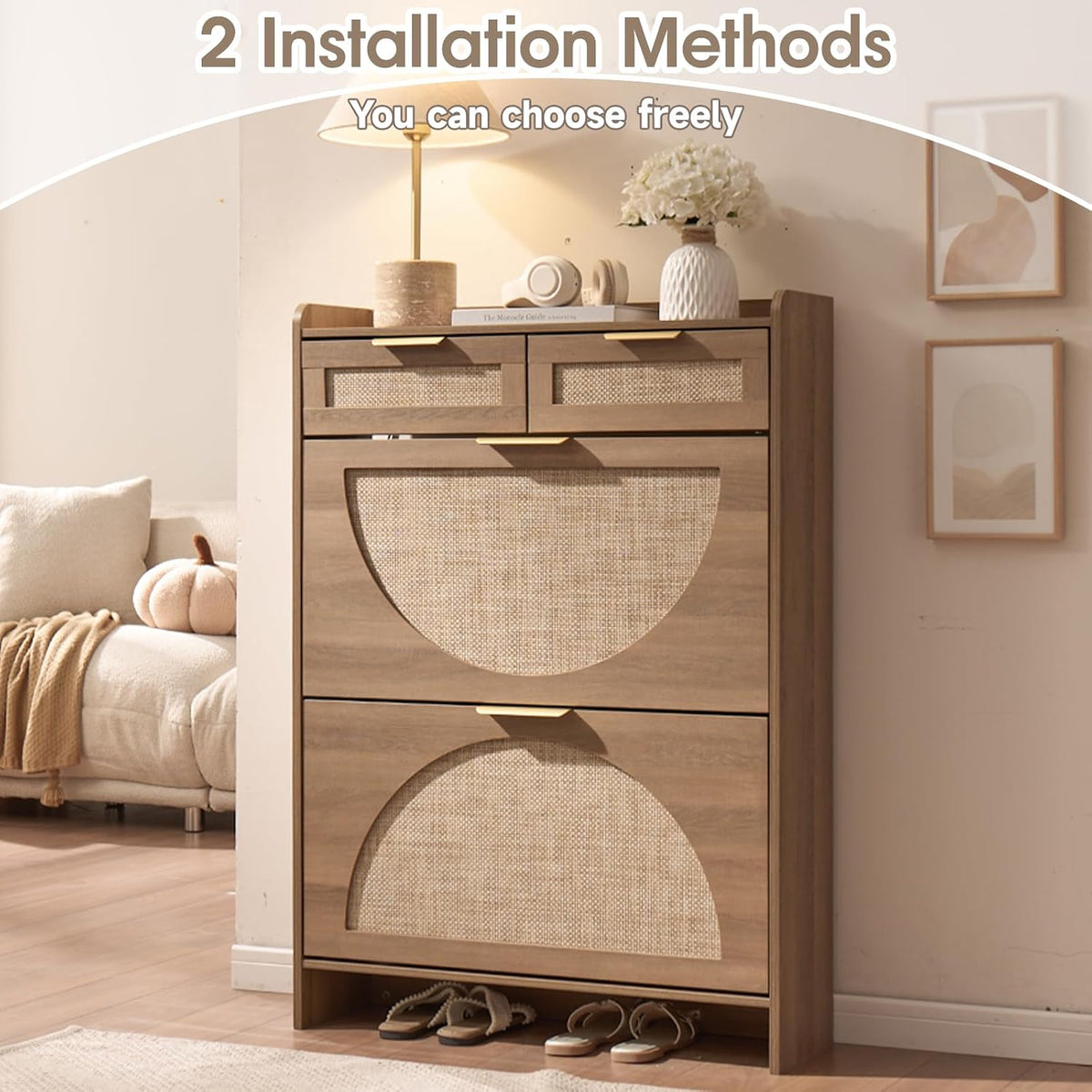 Rattan Shoe Storage Cabinet with 2 Flip Drawers & 2 Drawers, Freestanding...