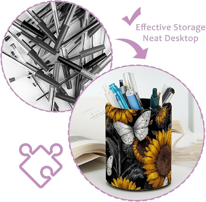 Leather Pen Holder for Desk Sunflower Butterfly Pencil Cup Desktop Organizer - Image 4
