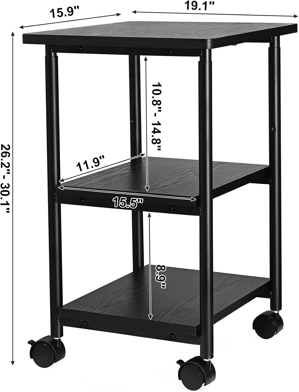 VASAGLE 3-Tier Printer Stand with Locking Wheels, Under Desk Printer Table