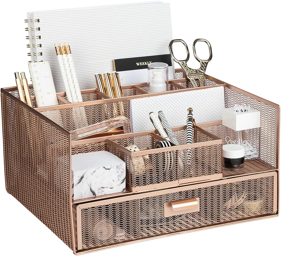 BLU MONACO Large Rose Gold Desk Organizer | 12-Compartment Metal Mesh Desktop...