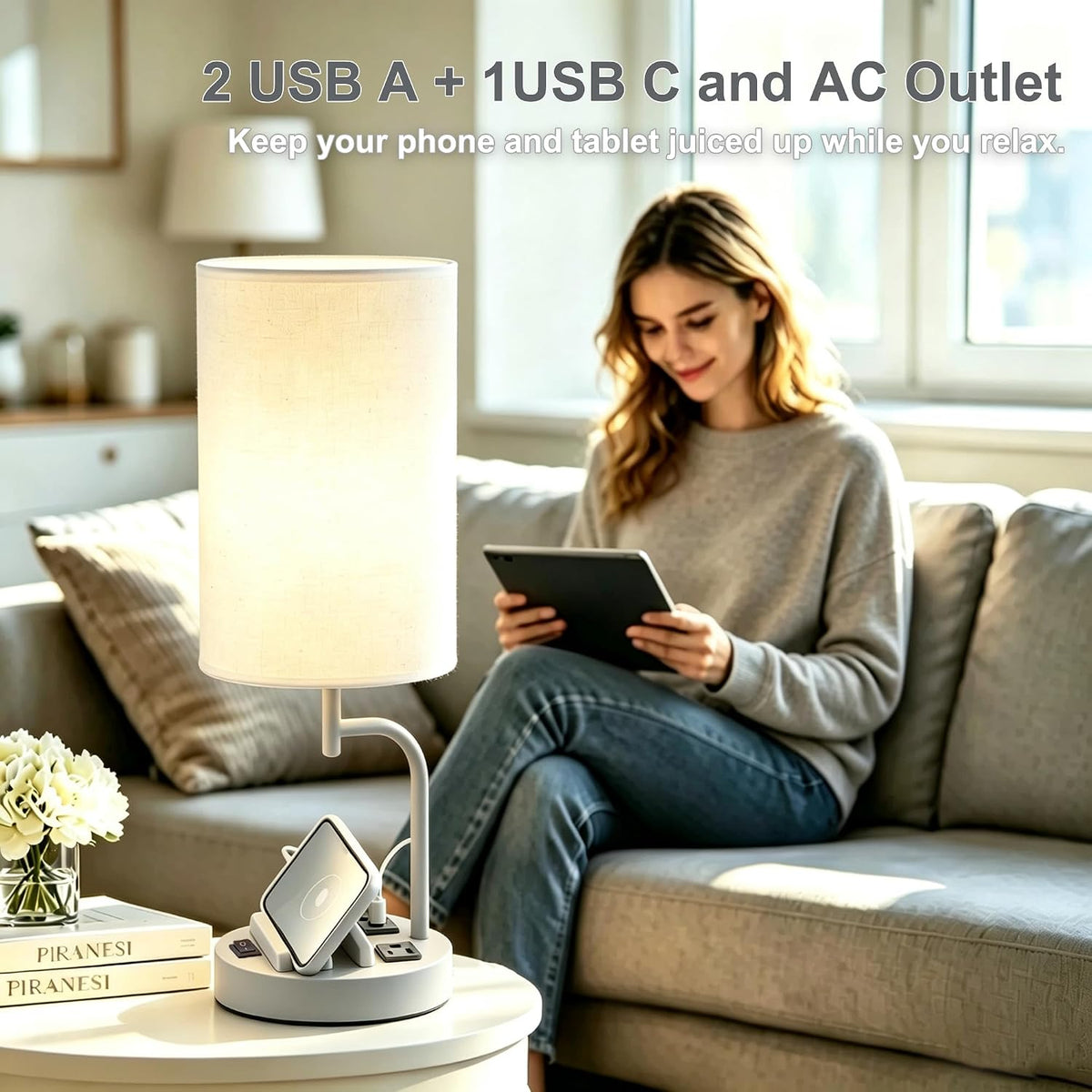 Dreamholder 2 Pack Table Lamp, Bedside Lamp with 3 USB Charging Ports & A...
