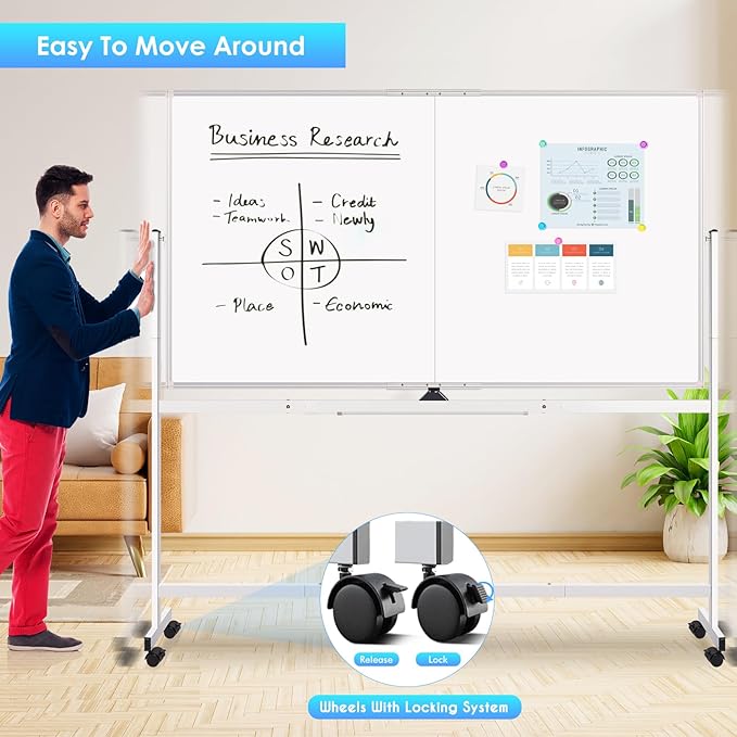 maxtek Rolling Whiteboard, 72x48 Large Double-Sided White Board Dry Erase on - Image 2