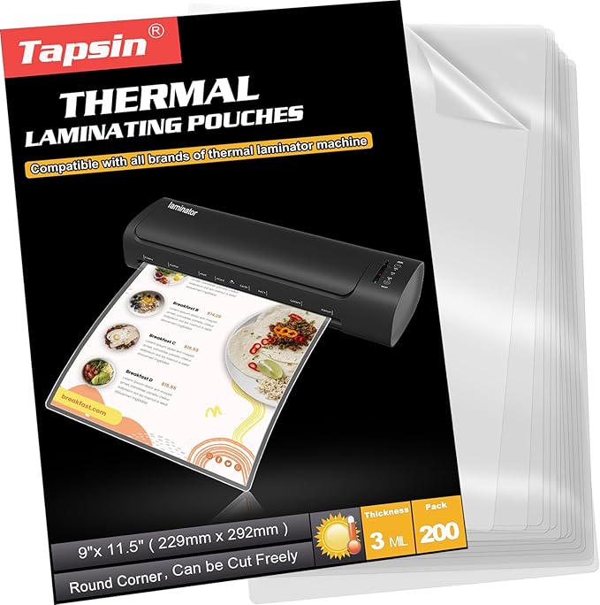 Laminating Pouches 9 x 11.5, 3 Mil Laminating Sheets 200 PCS Clear Thermal by TAPSIN