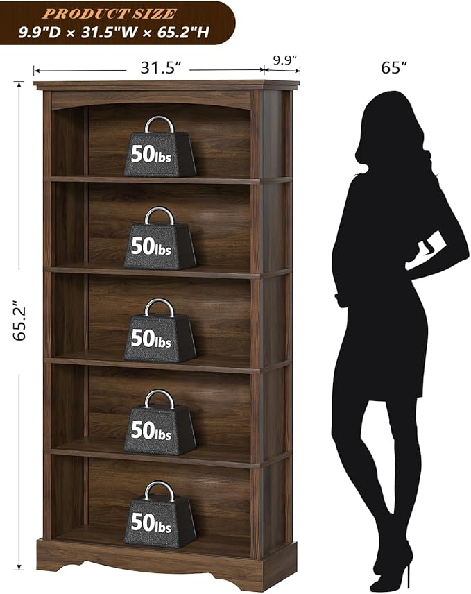 TVU 5-Tier Wooden Bookshelf, 65 Inch Tall Bookshelf - Image 3