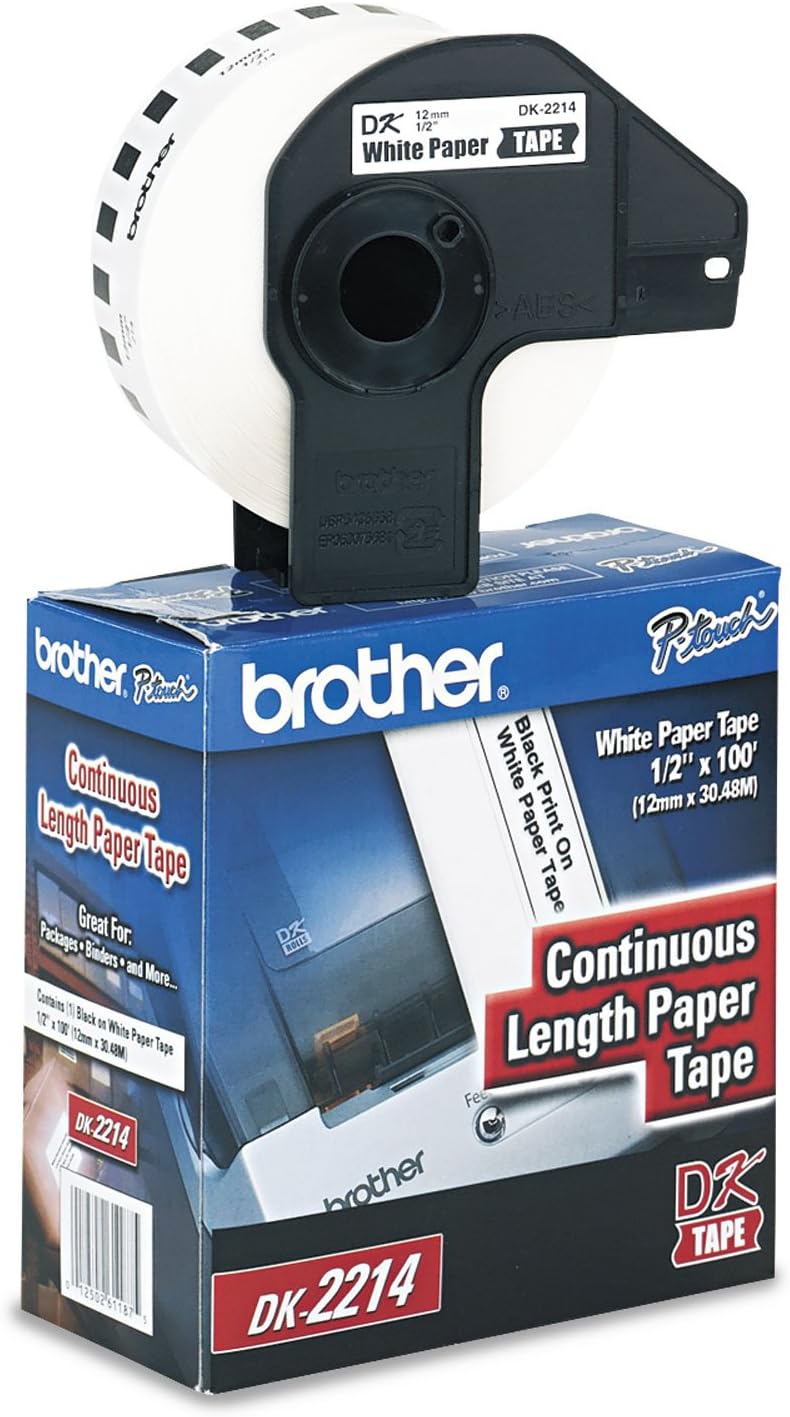 Brother Genuine DK-2214 Continuous Length Black on White Paper Tape for Brother QL Label Printers, 0.47" x 100' (12mm x 30.4M), 1 Roll per Box, DK2214