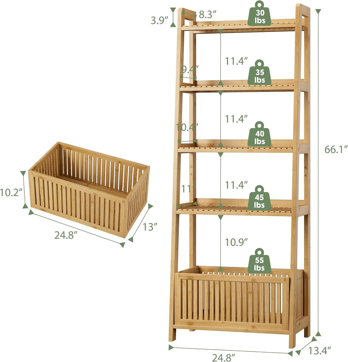 Bamjoy Bamboo Ladder Shelf, Bookshelf with 4 Display Shelves and 1 Open Stora...