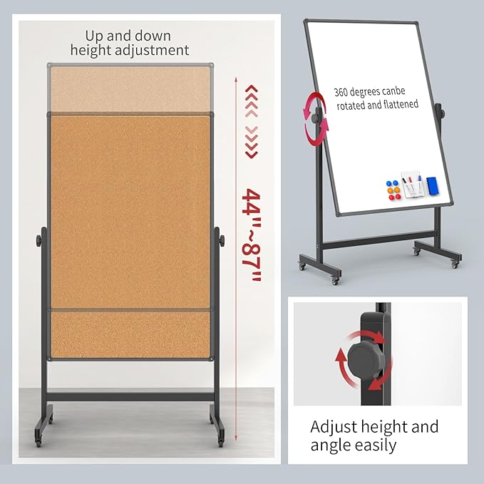 Double-Sided Corkboard Whiteboard, 32 x 48 Inches Dry Erase Board on Wheels - Image 3