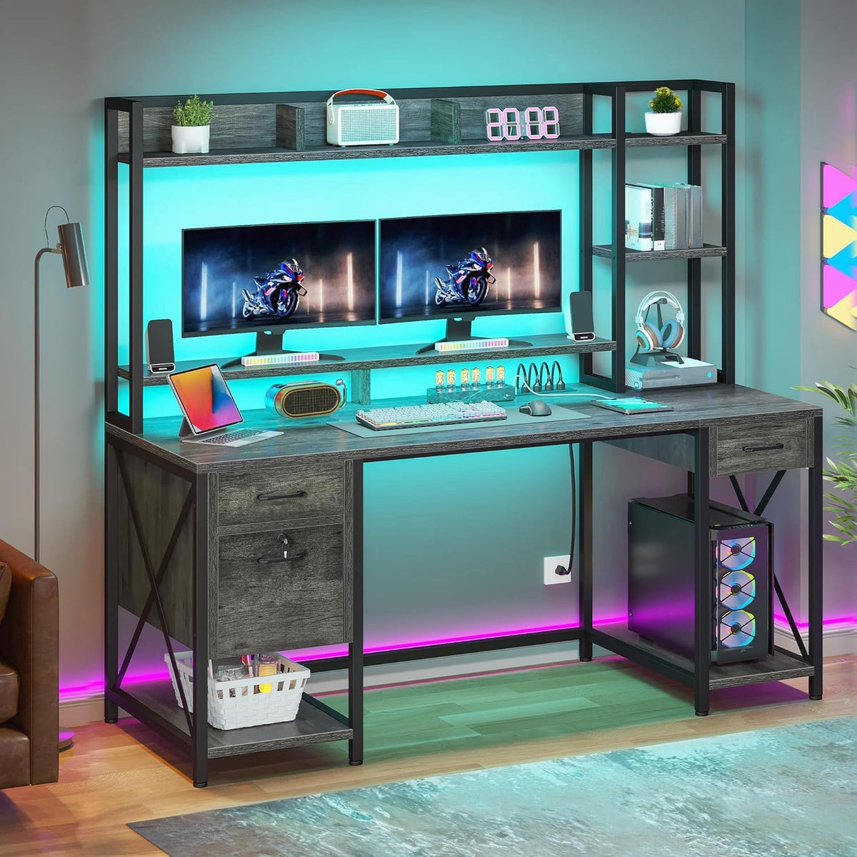 YITAHOME Grey Gaming & Office Desk, 59.1" Top, Hutch, 3 Drawers, LED