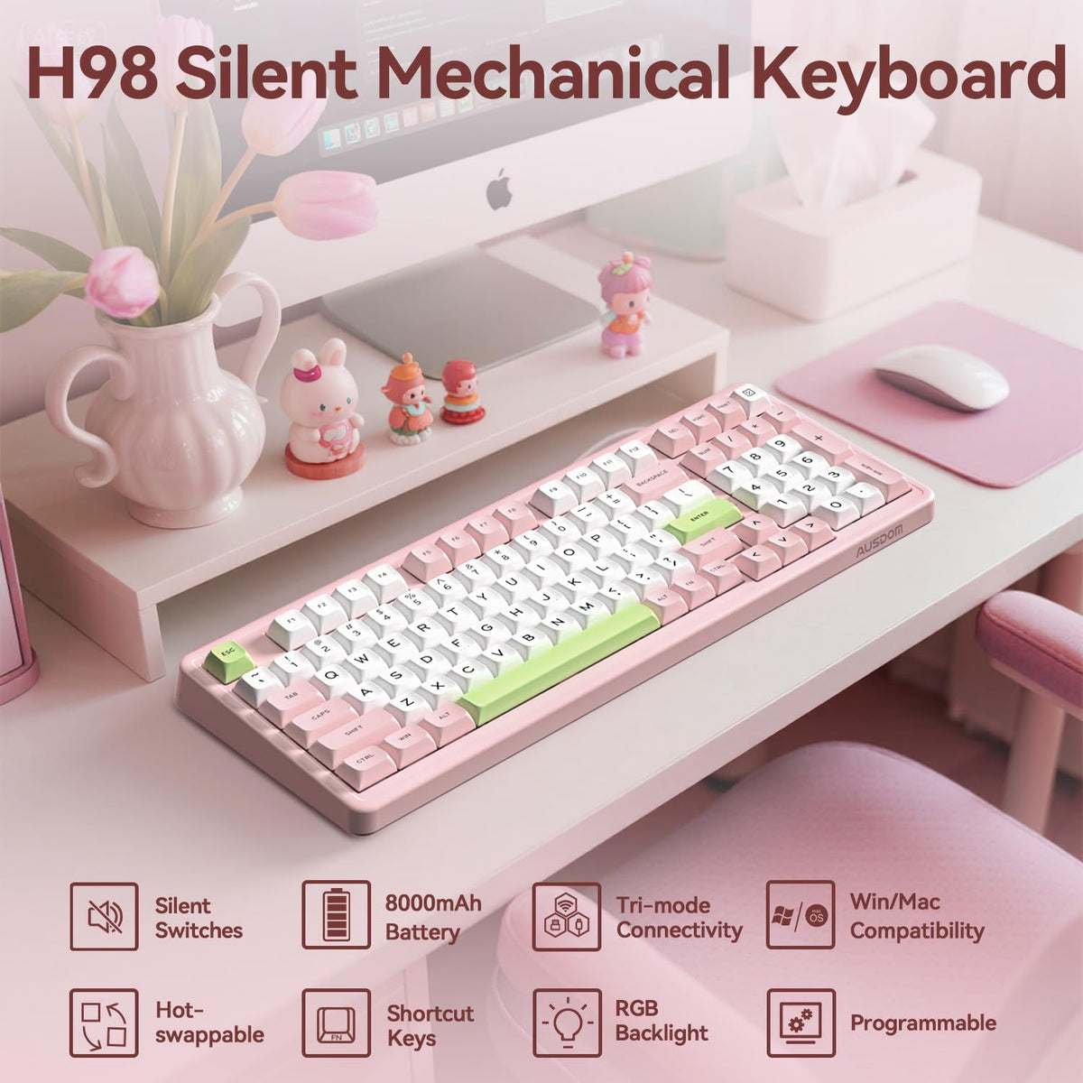 AUSDOM H98 Pink Creamy Mechanical Keyboard, 96% Silent Quiet Wireless Keyboar...