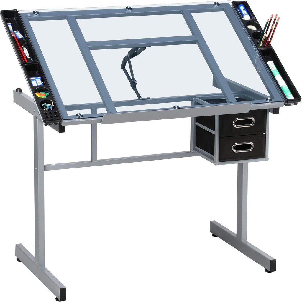 Yaheetech Glass Drafting Table with Storage, Adjustable Art Drawing Desk | Tempered glass top on a steel frame tilts 0-60° for drawing, tracing, or diamond art, plus two fabric drawers and side trays.