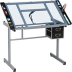 Yaheetech Glass Drafting Table with Storage, Adjustable Art Drawing Desk | Tempered glass top on a steel frame tilts 0-60° for drawing, tracing, or diamond art, plus two fabric drawers and side trays.