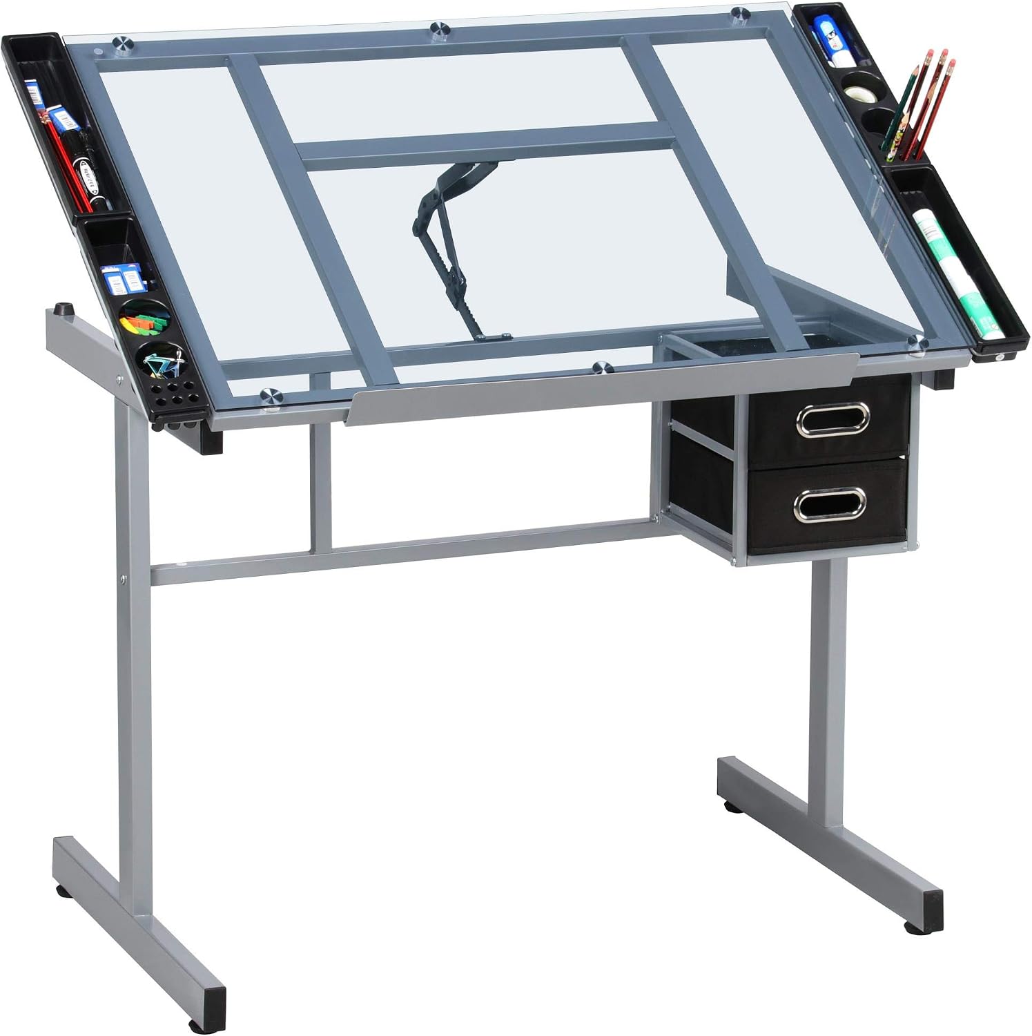 Yaheetech Glass Drafting Table with Storage, Adjustable Art Drawing Desk | Tempered glass top on a steel frame tilts 0-60° for drawing, tracing, or diamond art, plus two fabric drawers and side trays.