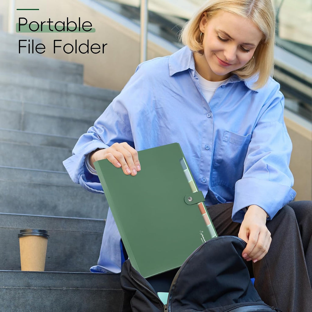 Sooez Elegant Accordion File Organizer, 8 Pocket Expanding File Folder | Portable Folders for Documents, Cute Paper Organizer with Label, for School Office College Supplies, Letter Size, Light Green