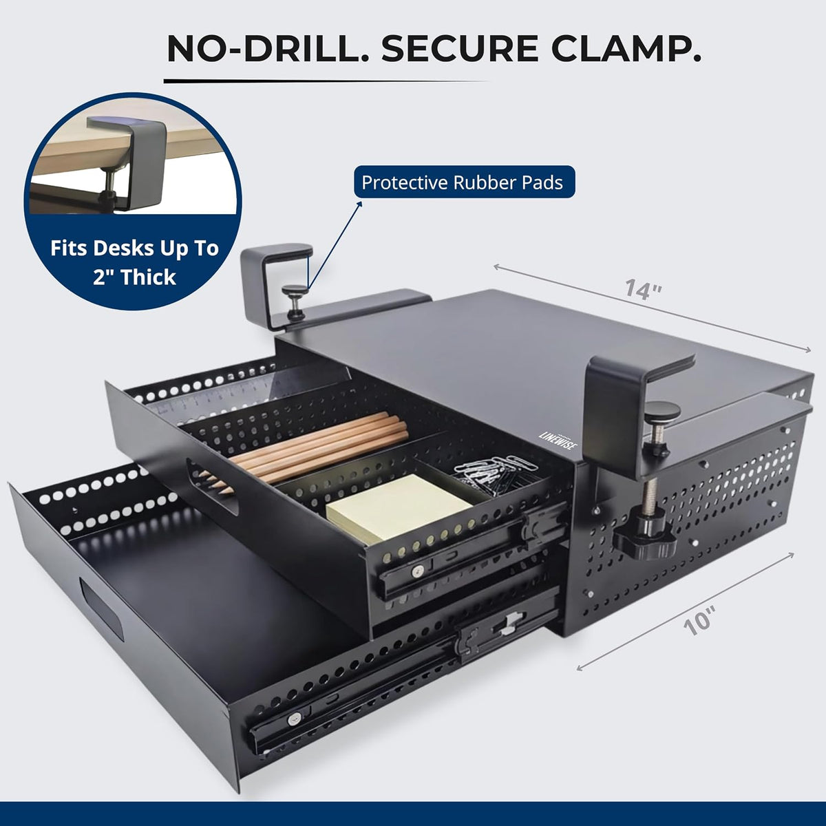 Clamp-On Under Desk Drawer Slide Out - No-Drill Metal Storage, LINEWISE