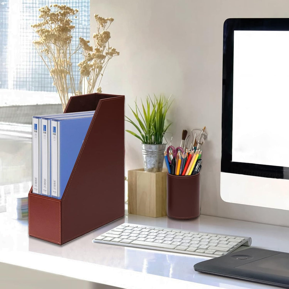 6 piece office supplies/desk organizer set with desktop showing dimensions