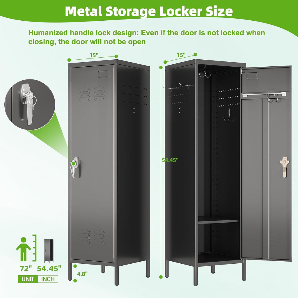 54" H Lockable Metal Storage Lockers with, Steel Locker Cabinet with Metal Hooks and 1 Adjustable Shelf for Home, School,Office, Assembly Required, Black