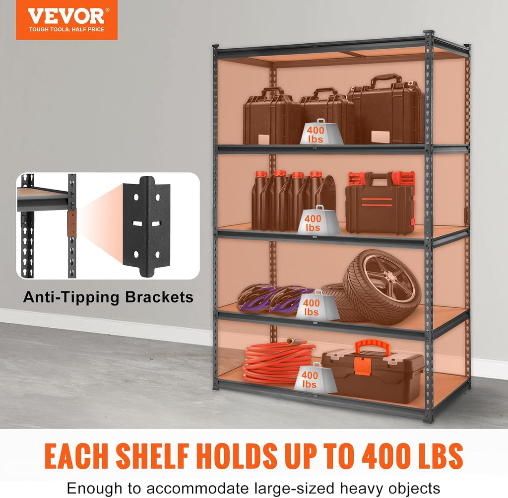 vevor storage shelves 5-tier adjustable 2000 lbs 48"x24"x72", side view