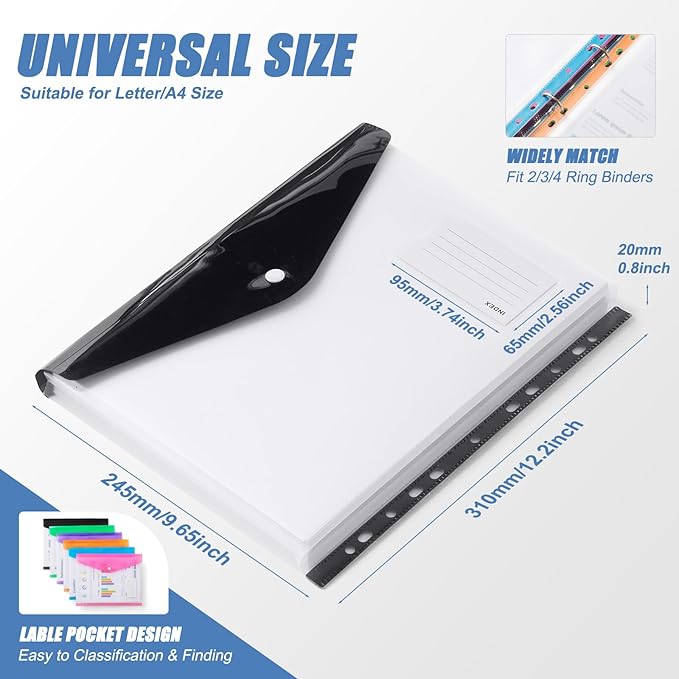 Binder Pocket Organizer Folders, 12 Pack Expandable Files Bag Plastic Envelopes - Image 3