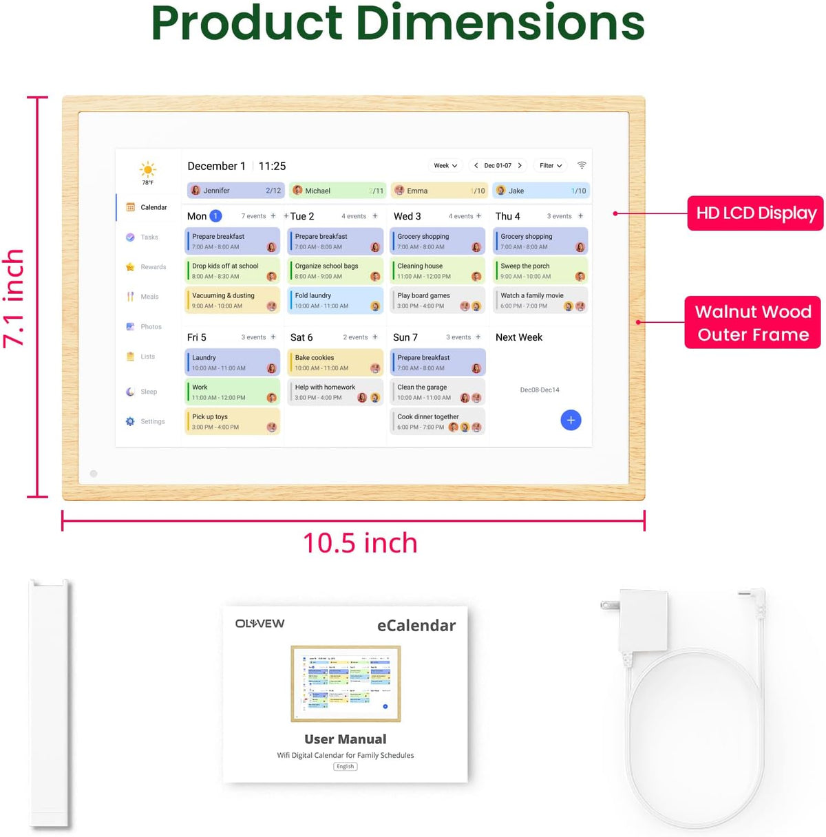 Digital Calendar 10.1 Inch Natural Wood