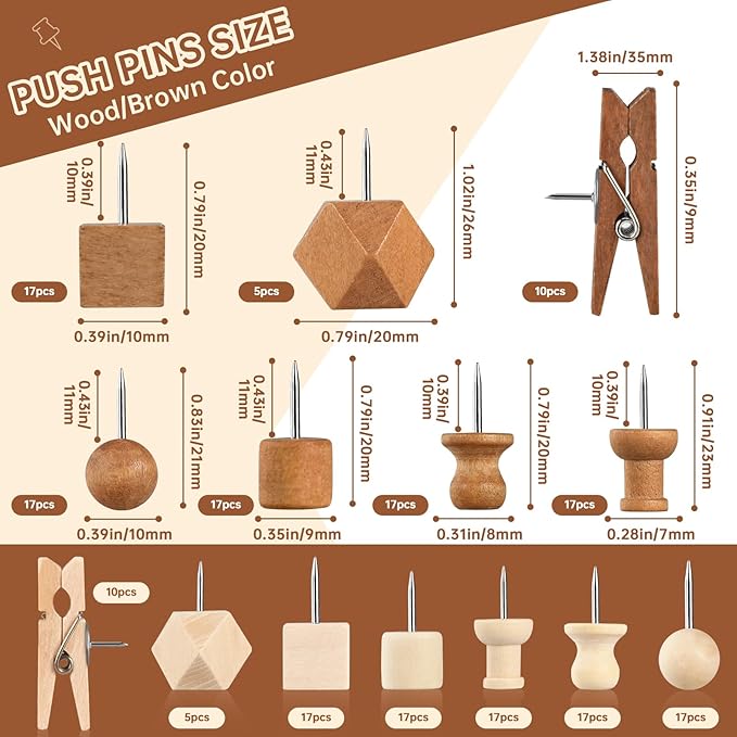 GOOLADA 200Pcs Wood Push Pins 7 Types and 2 Colors Wood Tacks Cute Push Pin - Image 2