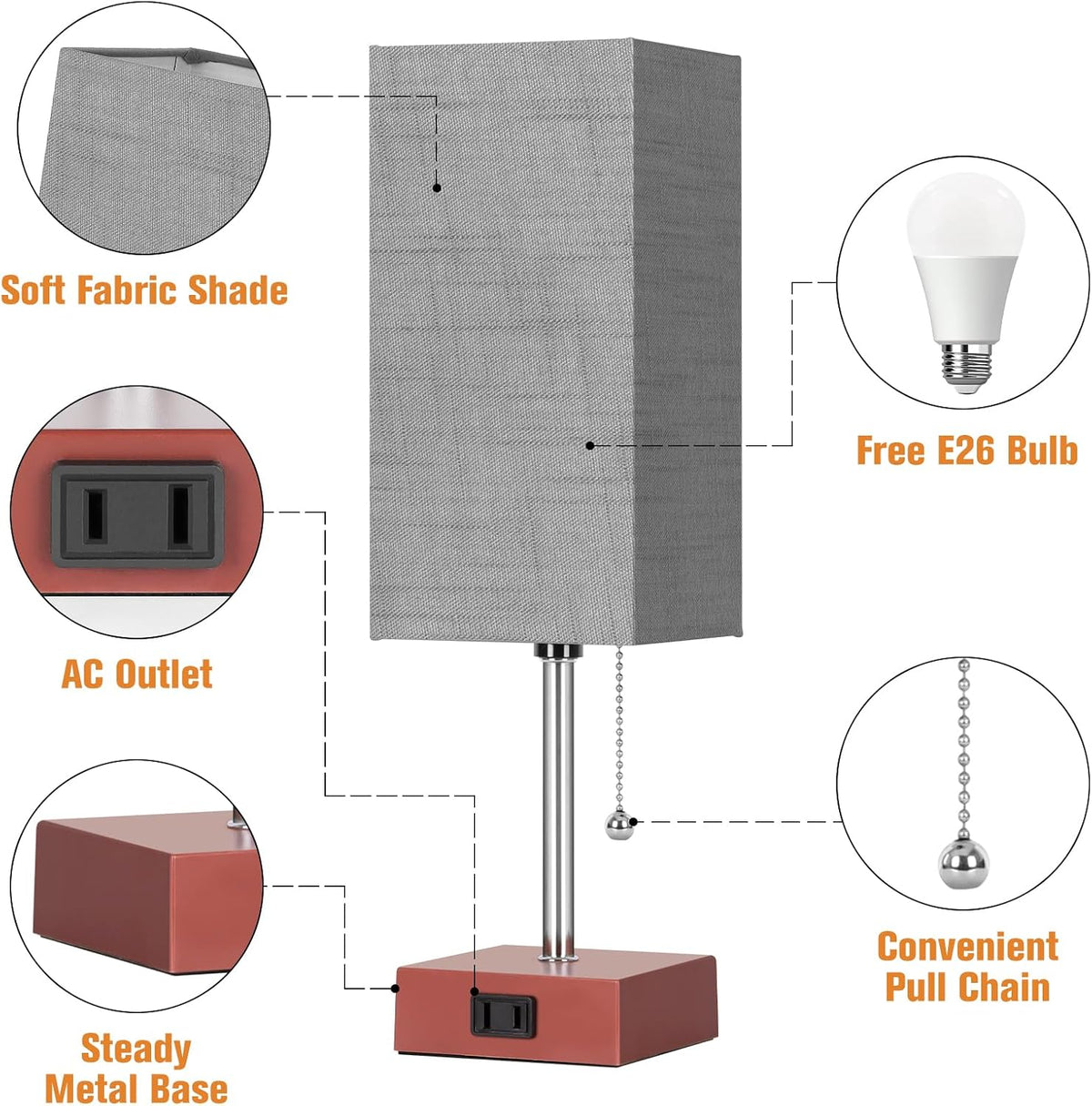 PLMMY Bedside Table Lamp for Bedroom Nightstand, 3 Color Pull Chain Nightstan...