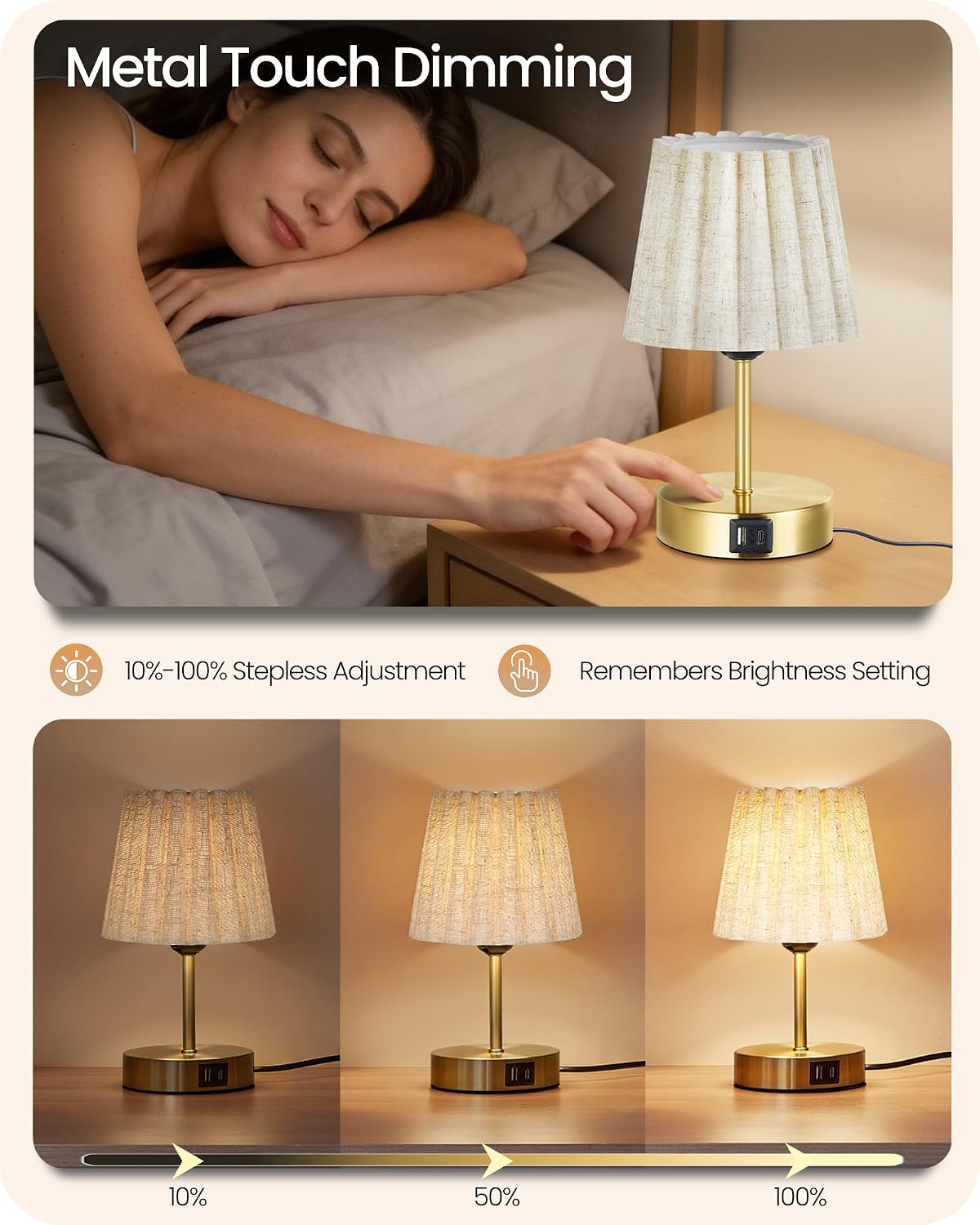 Small Bedside Table Lamp, Touch Dimmable Table Lamp with USB Ports, Nightstan...