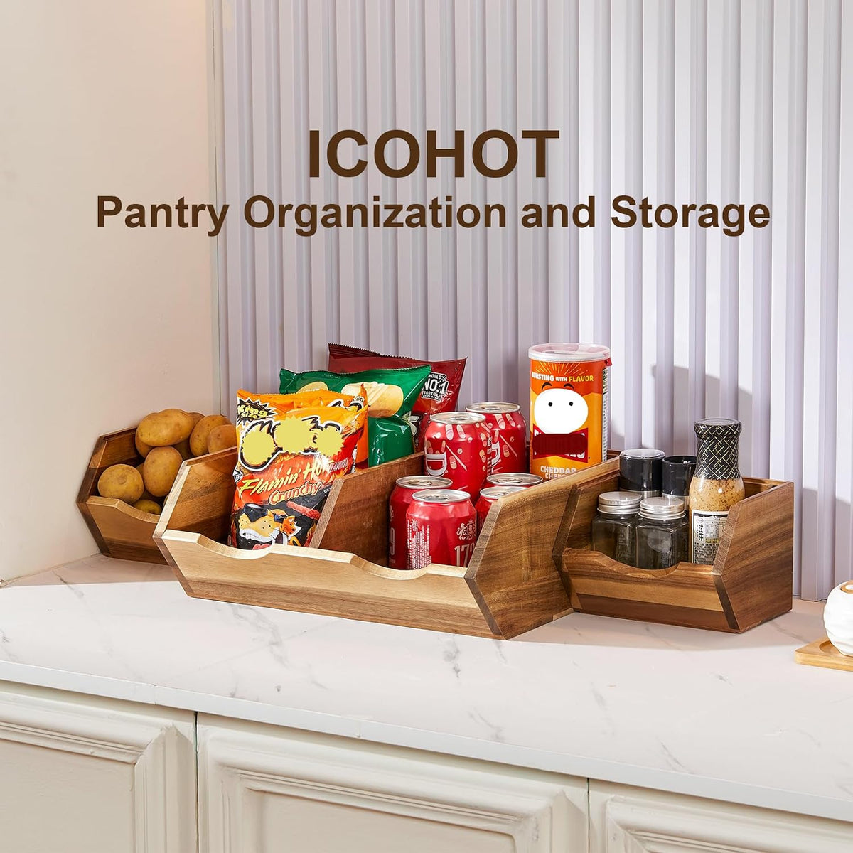 acacia wood pantry storage bins, stackable storage baskets shown in use