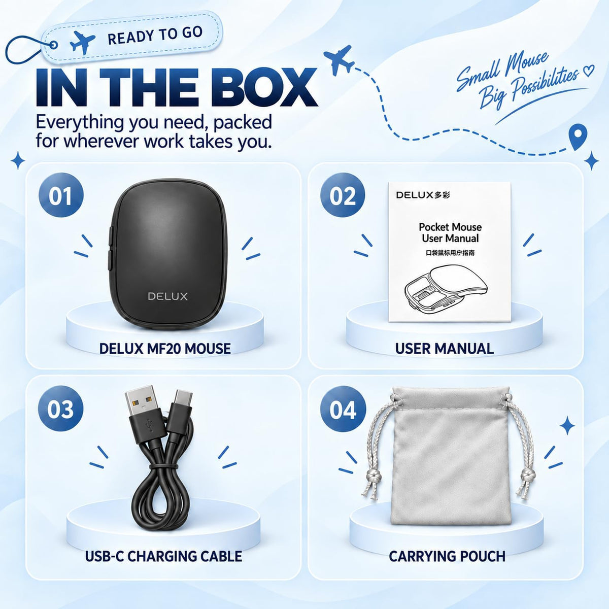 DELUX Wireless Bluetooth Pocket Mouse, 2-in-1 Sliding Mouse (MF20-Black)