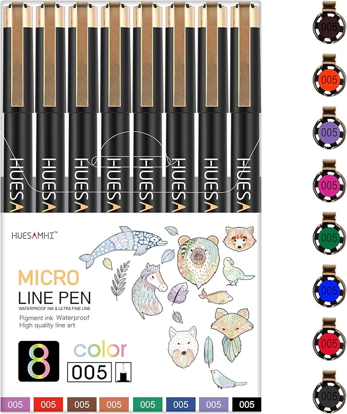 huesamhi 005 Micro Pen, 8 Colors Waterproof Ink, FineLiner Pens by Unknown