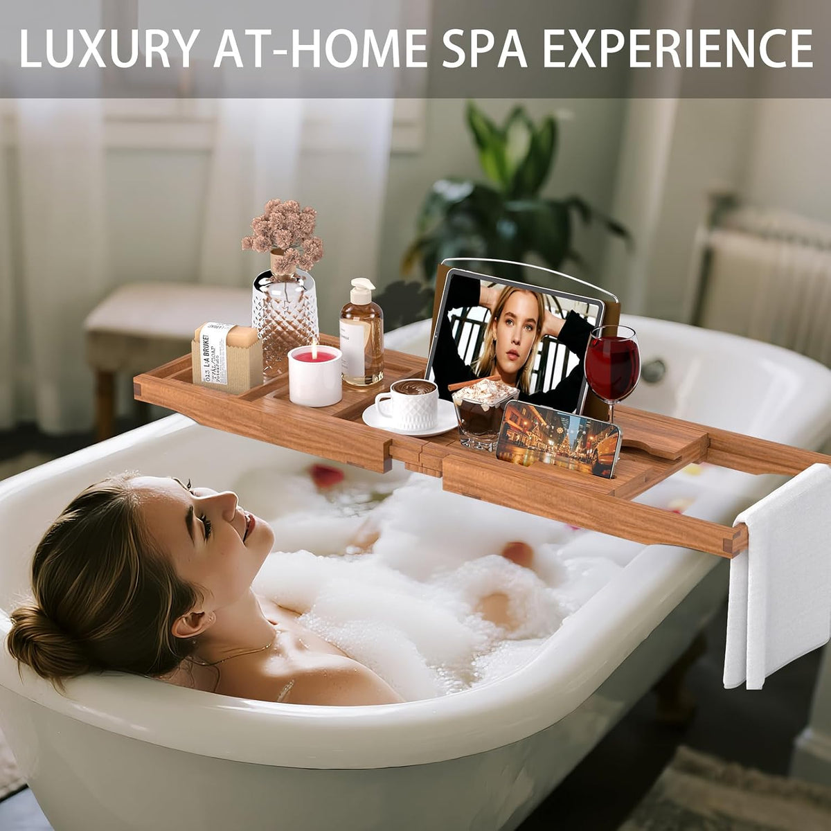 Bathtub Tray Caddy, Expandable Teak Wood Bath Tray for Tub
