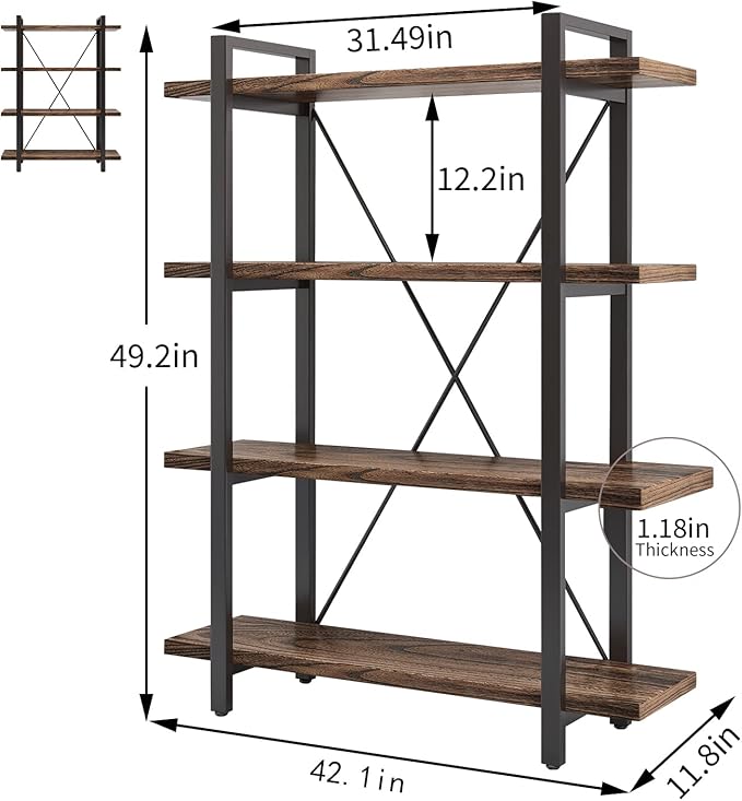 4 Tier Bookshelf Solid Wood Bookcase and Book Shelves Wood and Metal Shelving - Image 2