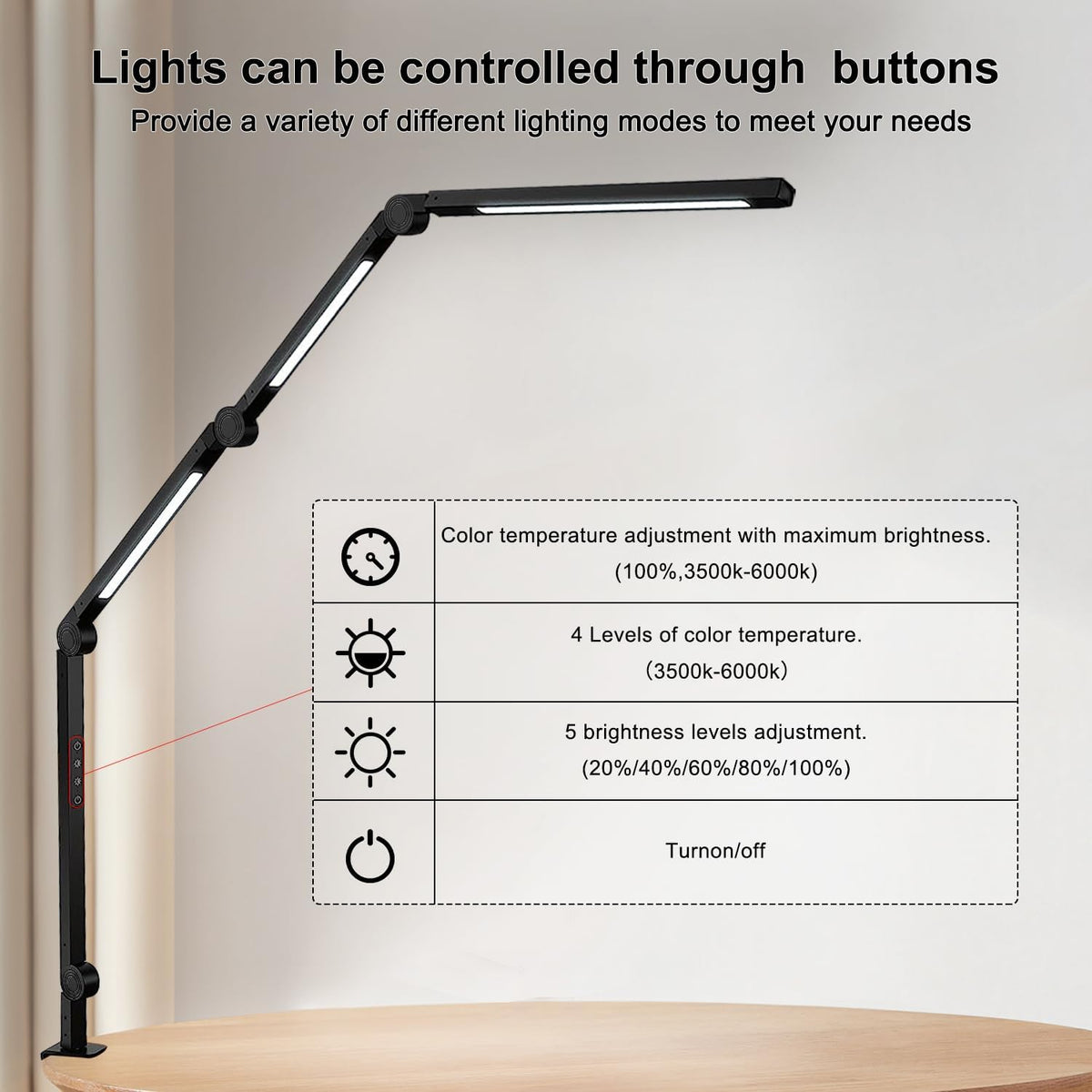 led desk lamp with clamp & flexible arm showing dimensions
