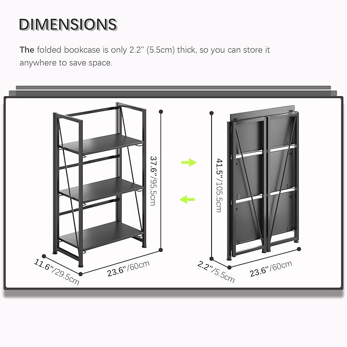 4NM No Assembly Folding Bookshelf Storage Shelves 3 Tiers Vintage Bookcase - Image 2