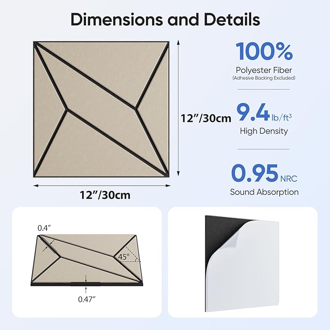 UNECHO 12 Pack 12" X 12" X 0.47" Acoustic Panels - Image 3