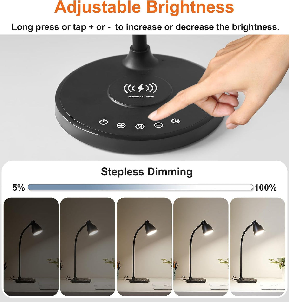 BOHON Desk Lamp for Home Office with USB C+A Charging Ports Timer Black