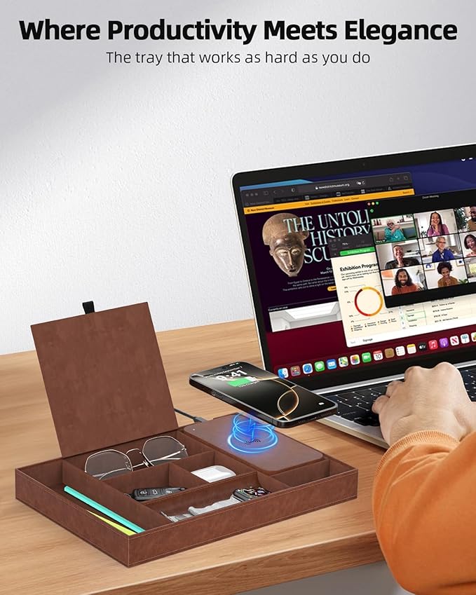 Valet Tray with Wireless Charger, Nightstand Organizer, Leather Desk Drawer - Image 3