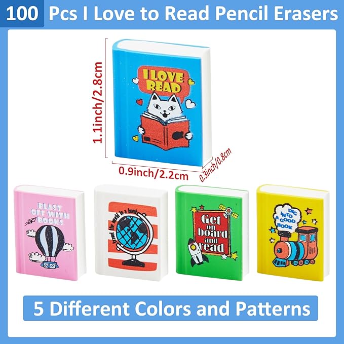 party greeting 100Pcs I Love to Read Pencil Erasers Fun Erasers Bulk - Image 2