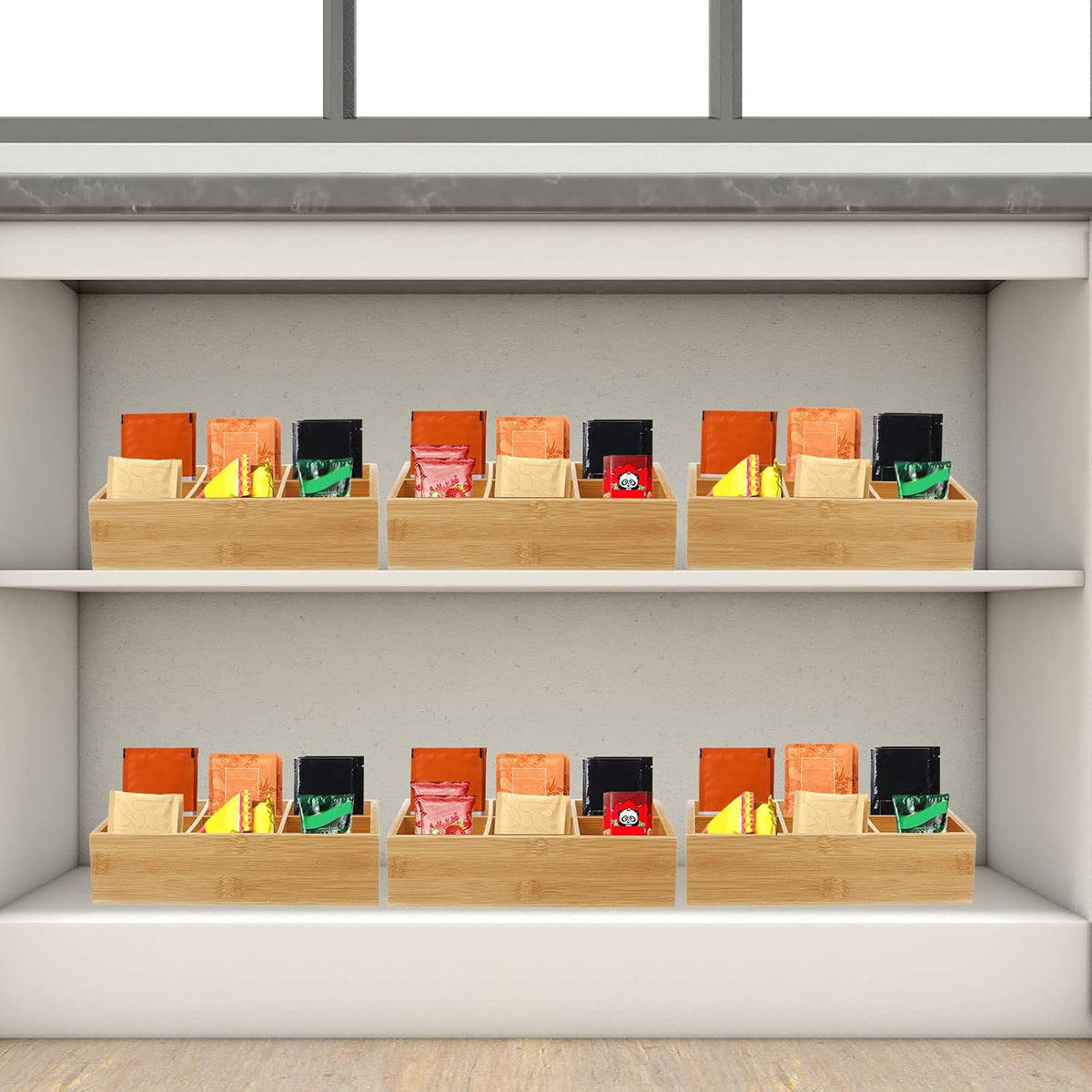 Maitys 4 Pcs Bamboo Tea Organizer, Beige 6 Compartment Storage Box